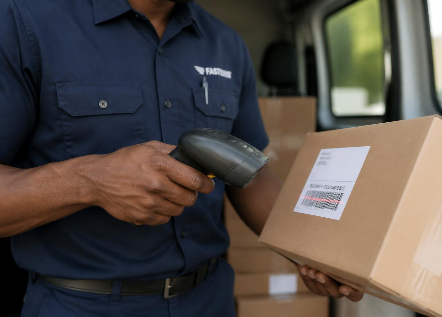 Driver scanning a package barcode at the rear of a cargo van during a business delivery