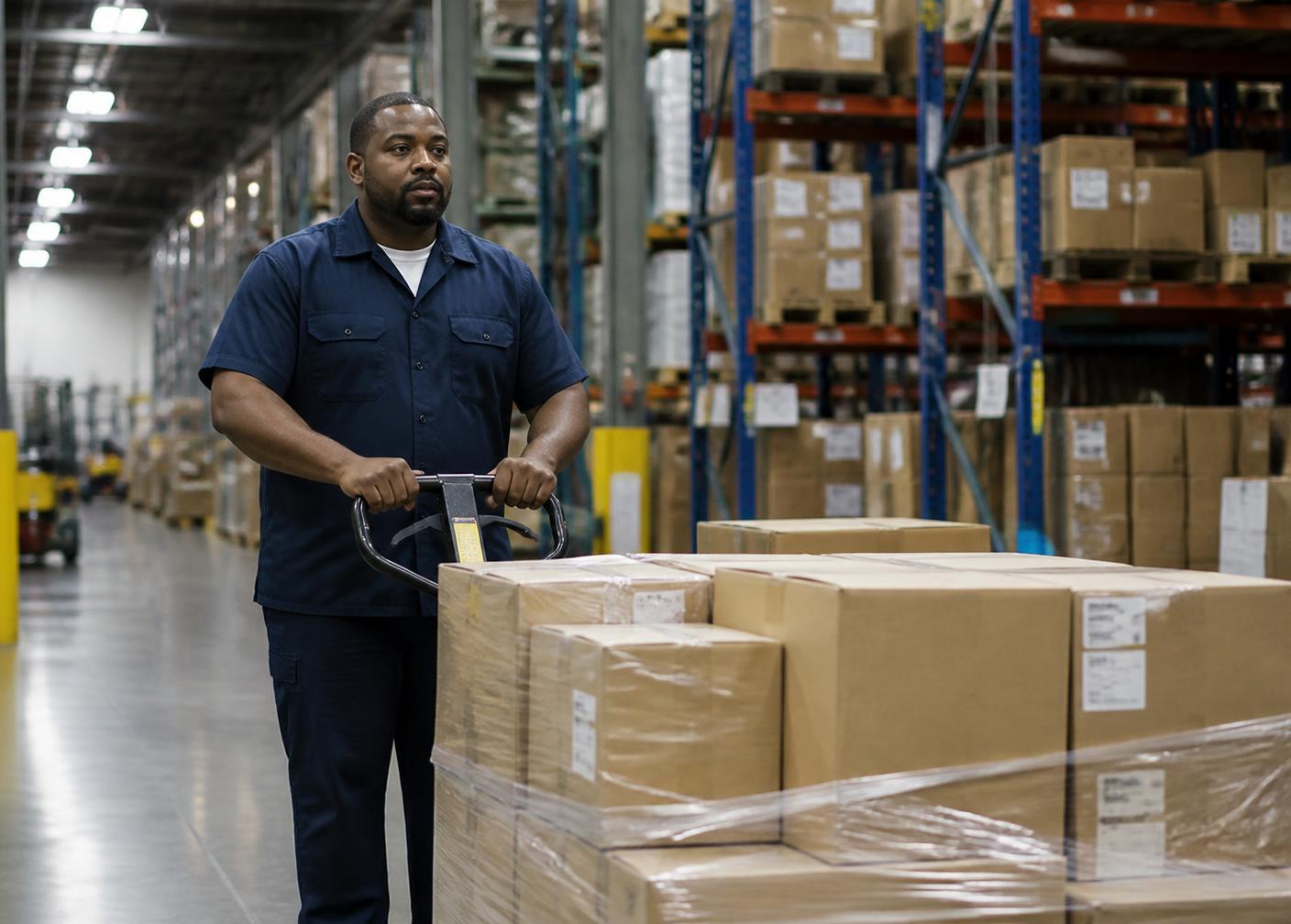 Distribution warehouse aisle with sorted parcels and a worker moving a pallet of boxes